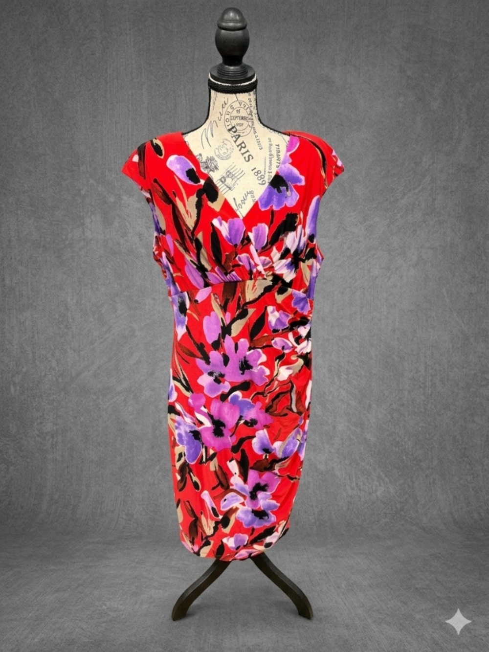 Lauren Ralph Lauren Floral V-Neck Ruched Sheath Dress - Size 16